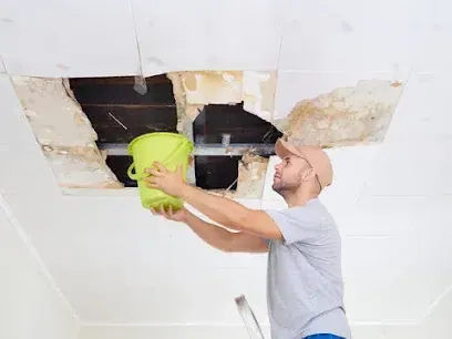 Water-stained ceiling opened after a roof leak in Madison